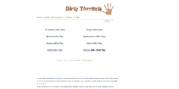 DirtyTorrents homepage