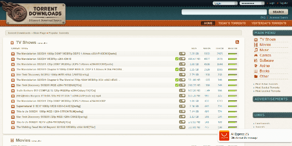 Torrent Downloads homepage