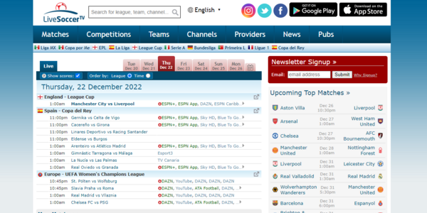 LiveSoccer TV homepage