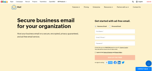 ZohoMail homepage
