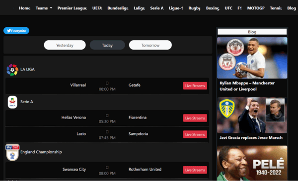 Footybite homepage